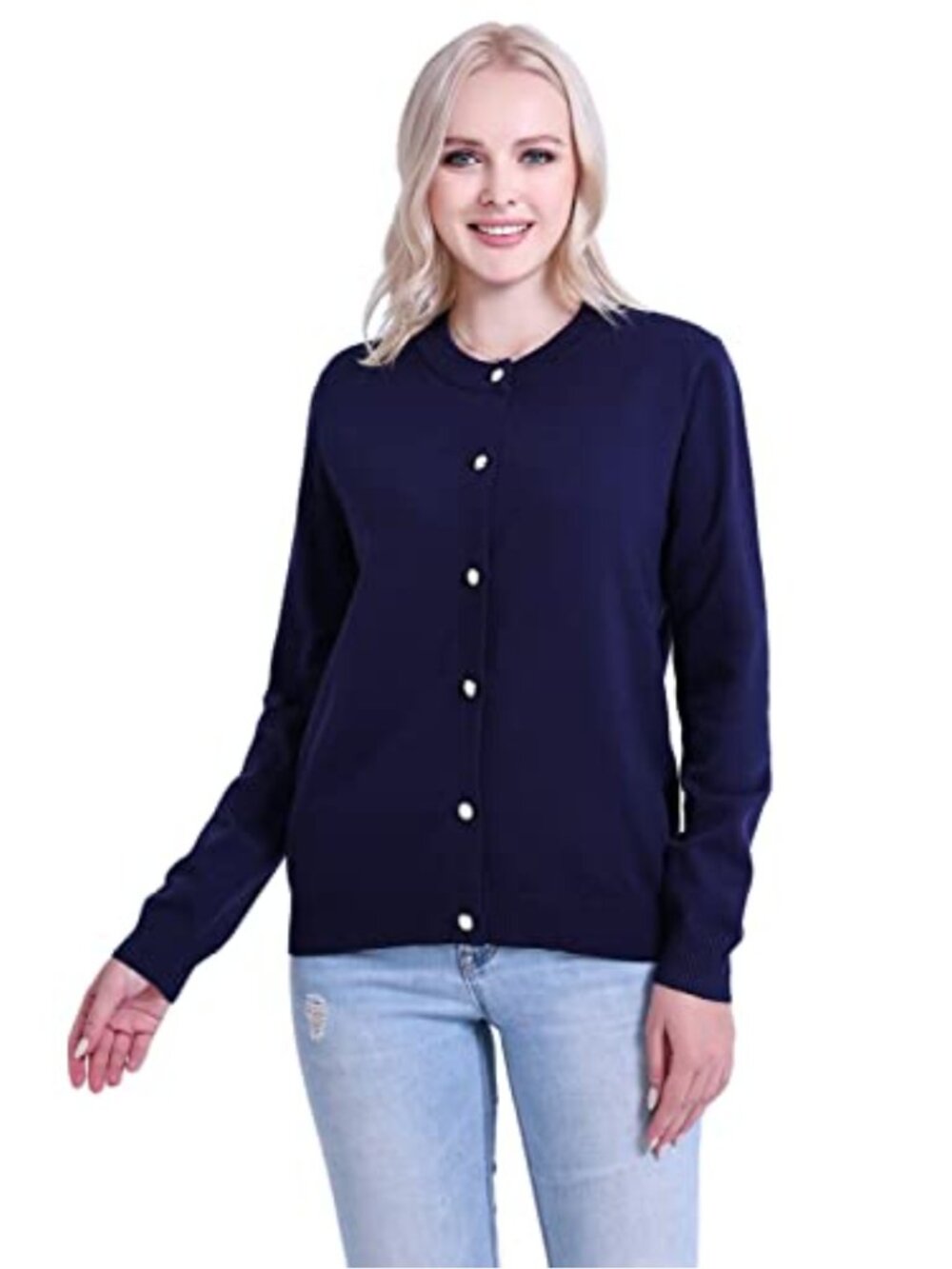 Crew Neck Pearl Button Down Cardigan Sweater Cotton Blend Long Sleeve Knit